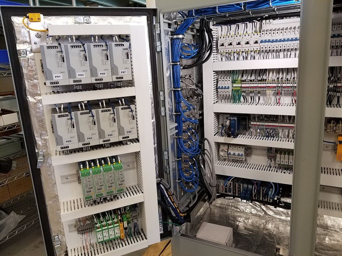 Wired control panel with drives, relays and terminal blocks